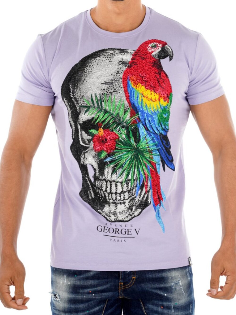 Avenue George V Paris T-Shirt Men's Purple Short Sleeve shirt Rhinestone Skull